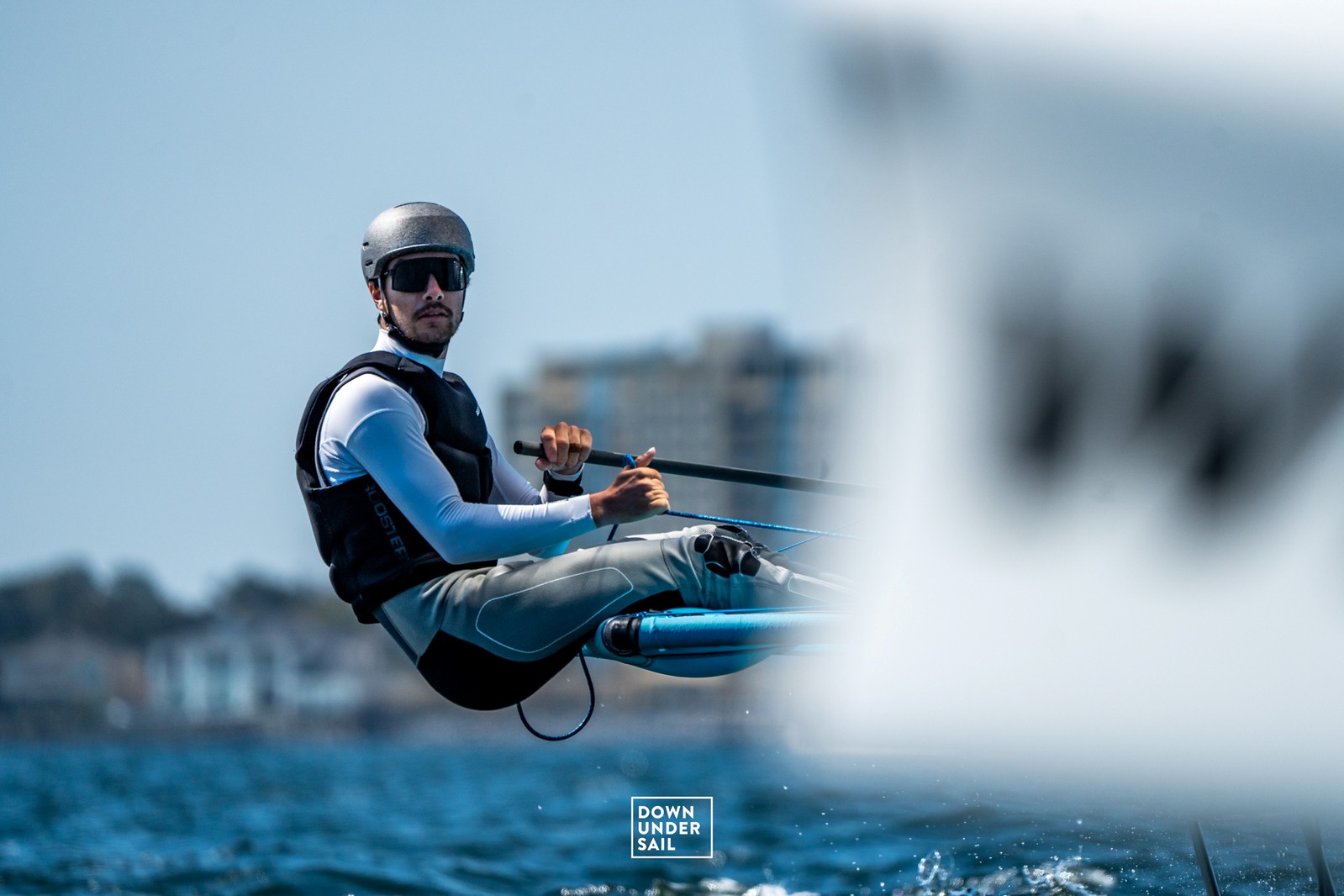 Nick Schuler racing a foiling dinghy on the water